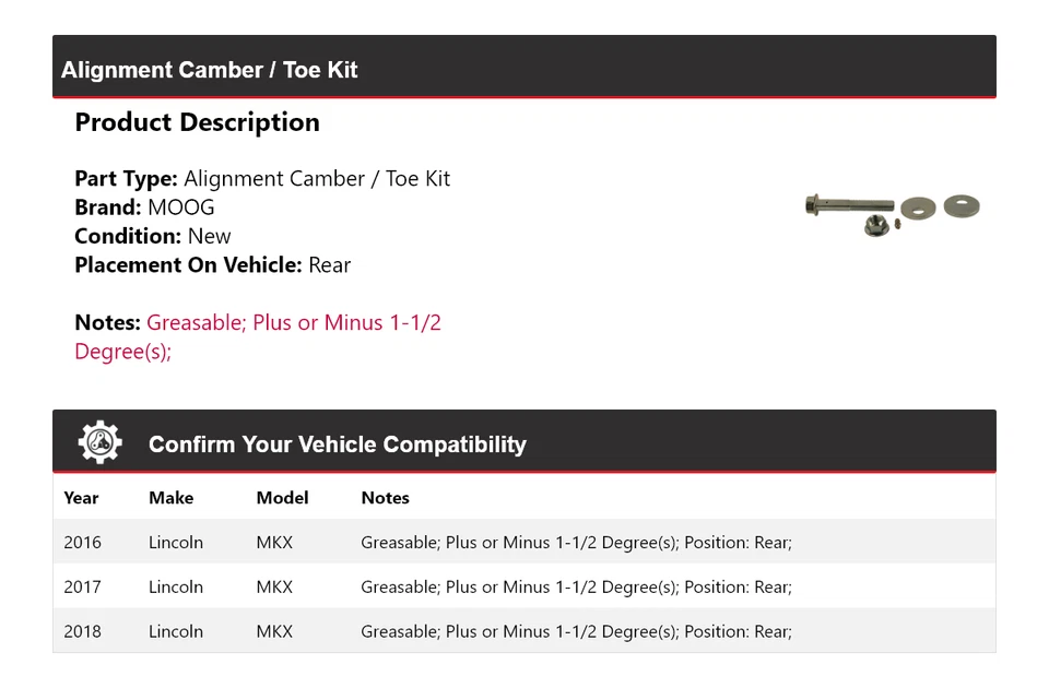 Kit de inclinación/puntera trasera MOOG 2016-2018 Lincoln MKX 2016 2017 2018 Foto 2 de 4