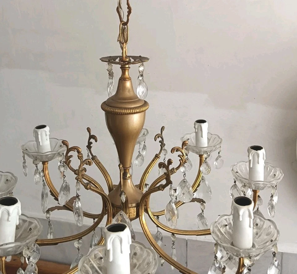 Candelabro espanhol antigo vintage 8 cristal claro latão, década de 1970 - Imagem 4 de 4