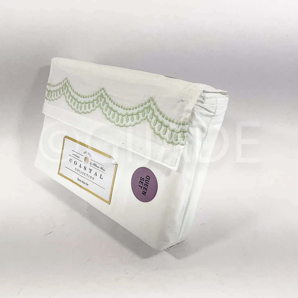 Coastal коллекции королева простыня комплект 4шт белый и зеленый 100% хлопок новый - Изображение 3 из 4