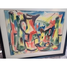 VTG Colorful Abstract Still-Life Print Cubism Style Modern Art Move Signed Frame