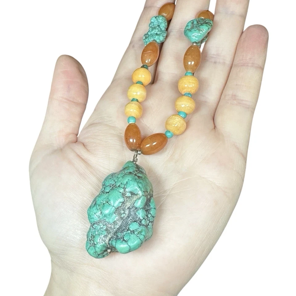Sterling Silver Giant Turquoise Pendant Carnelian Necklace Peach Coral Stones - Image 3 of 4