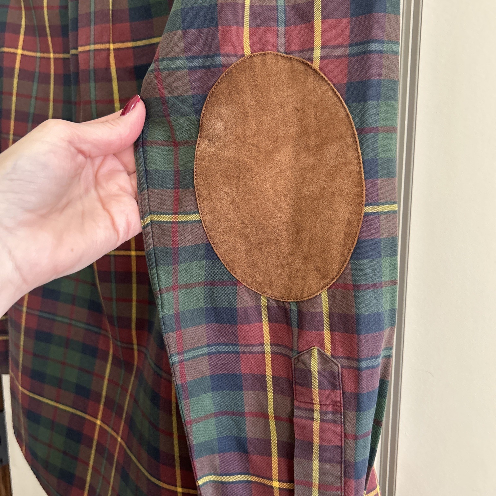 VTG Mens Polo Ralph Lauren Plaid Cotton Shirt With Suede Elbow Patches size L thumbnail 5