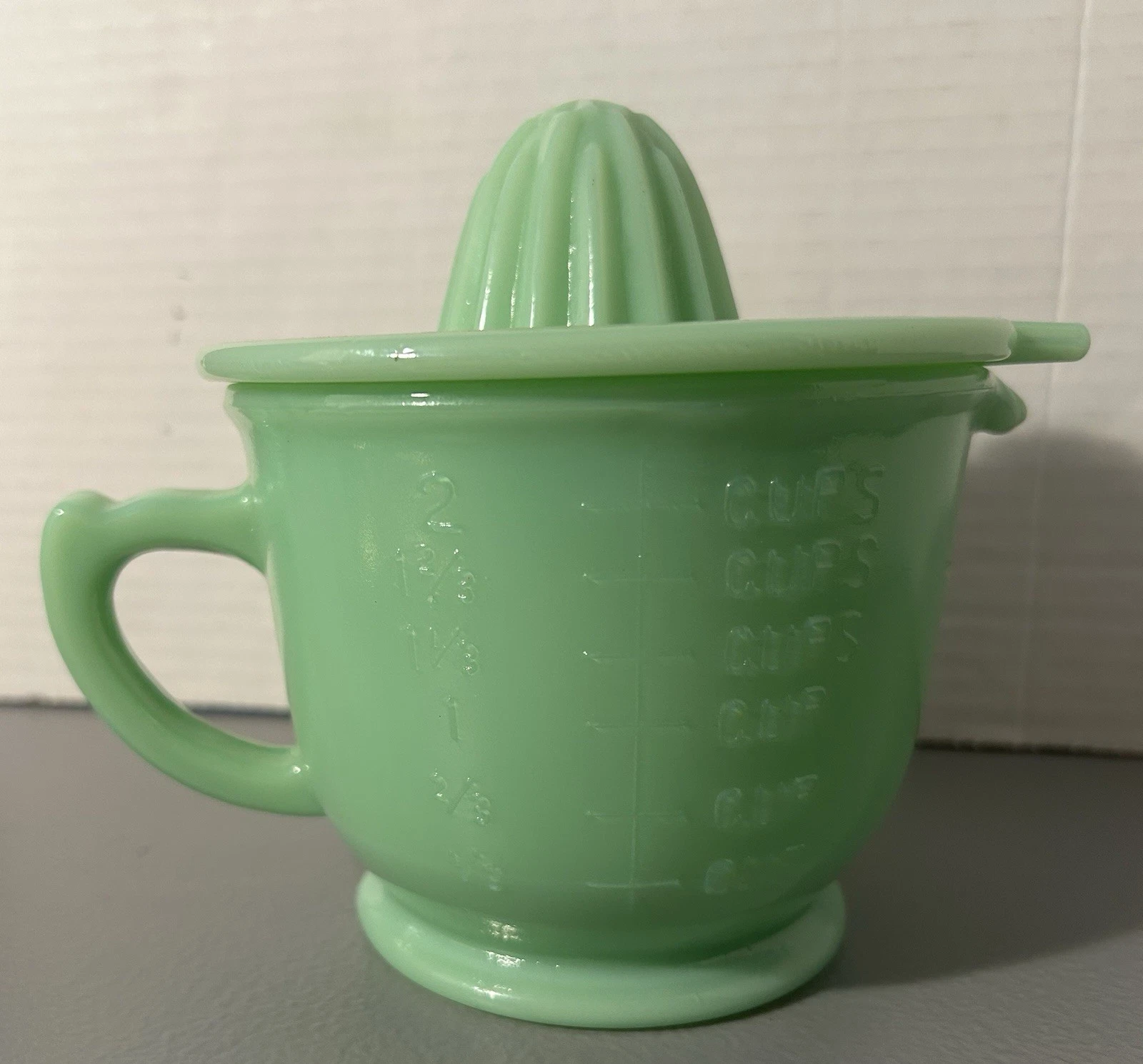 Jadeite Green Glass Measuring Cup & Juicer Reamer 5.5" Tall