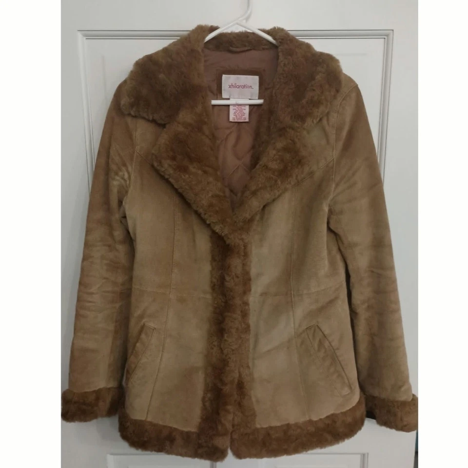 Y2K Vintage Xhilaration Penny Lane Coat Sz M Genuine Leather Suede Faux Fur - Image 2 of 4