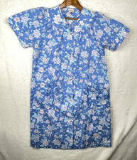 Vtg Simply Basic Duster House Coat Robe Blue Floral Womens Small Snaps Pockets