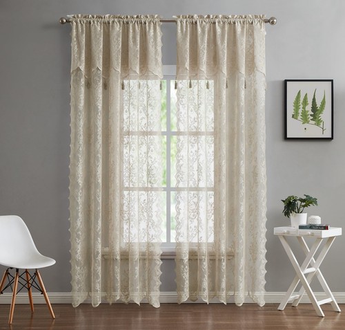 Pair of 2 Lace Curtain Panels with Attached Valance and 6 Tassels. Sheer Lace...