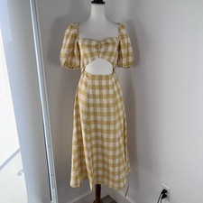 Reformation Pompano linen dress 8 Dandelion Check Yellow Midi Cutout