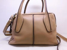 TOD'S Handbag Tote Bag Shoulder bag Beige Leather Logo Japan F/S USE