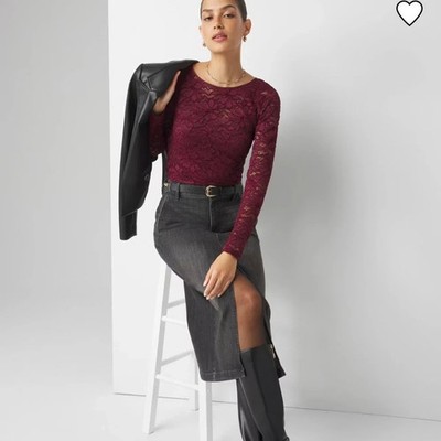 Adrianna Papell Lace Overlay Crew Neck Long Sleeve Top in Merlot Women's XXl