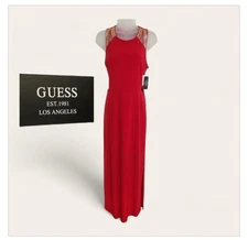 GUESS Red Maxi Dress Gown Sleeveless Gold Embellished Straps Slit Size 6 Small