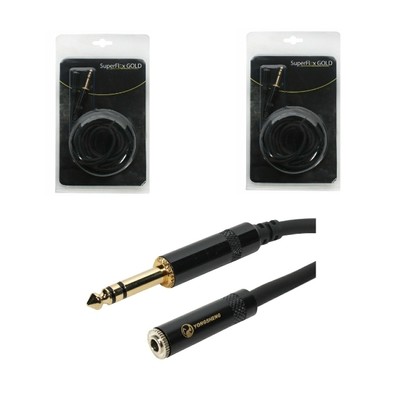 2 SuperFlex Gold 10 ft Stereo Headphone Extension Cables 1/4'' TRS to 1/8'' 
