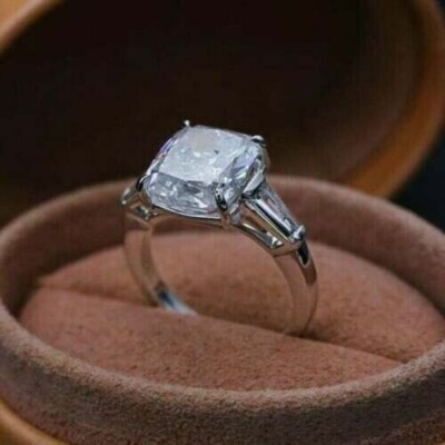 4 Ct Cushion Simulated Diamond Engagement Trilogy Ring In 14K White Gold Plated