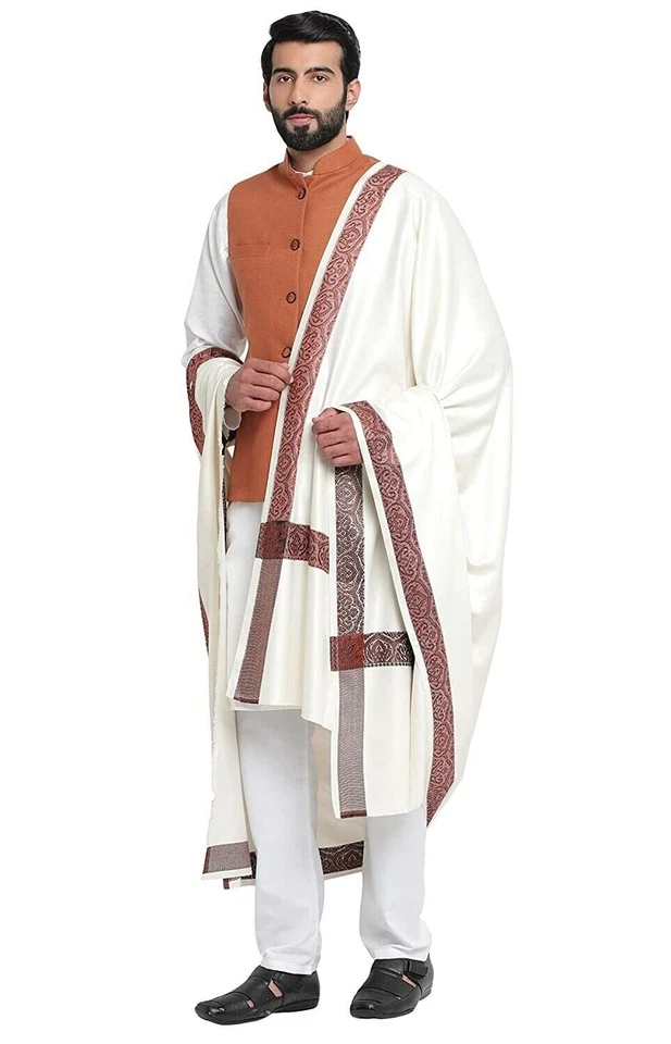 Men's Kashmiri Woven Border Woolen Lohi Shawl Stole Wrap White 50" X 100" - Изображение 3 из 4
