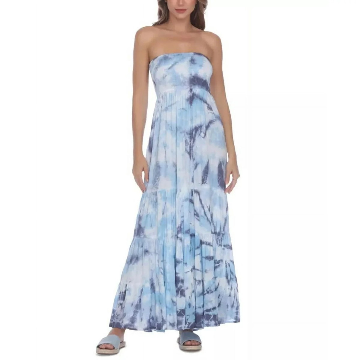 Raviya Women's Blue Tie-Dye Strapless Maxi Swimsuit Cover-Up Dress Raviya Women's Blue Tie-Dye Strapless Maxi Swimsuit Cover-Up Dress