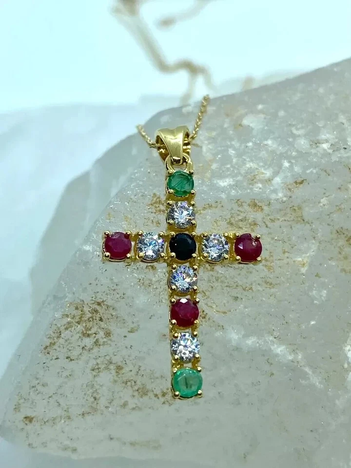 14K Yellow Gold Plated 2 Ct Round Cut Lab Created Diamond Cross Women's Pendant - Image 4 of 4