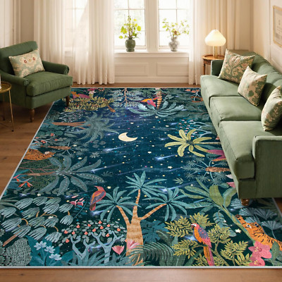 Midnight Jungle Green Washable Rug 8x10 - Soft Non-Slip Carpet for Kids & Living