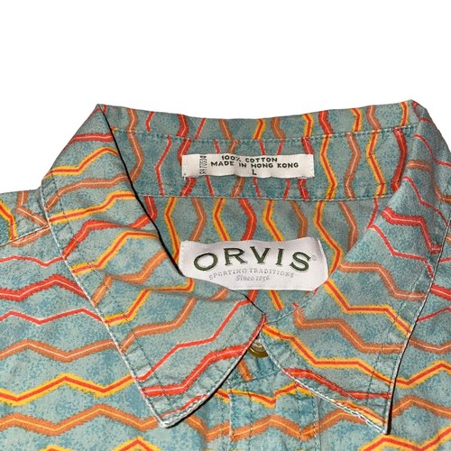 Orvis Short Sleeve Button Shirt Zigzag Pattern Green Red Orange Men Size Large - Picture 2 of 6