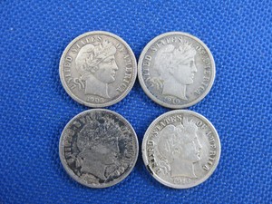 LOT-OF-4-BARBER-DIME-10-CENT-COINS-1903-1910-1912-1913