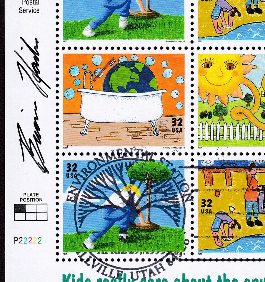 1995 Earth Day, Kids Care Sc 2954a FDC sheet signed by designer Brian Hailes - Image 2 of 4