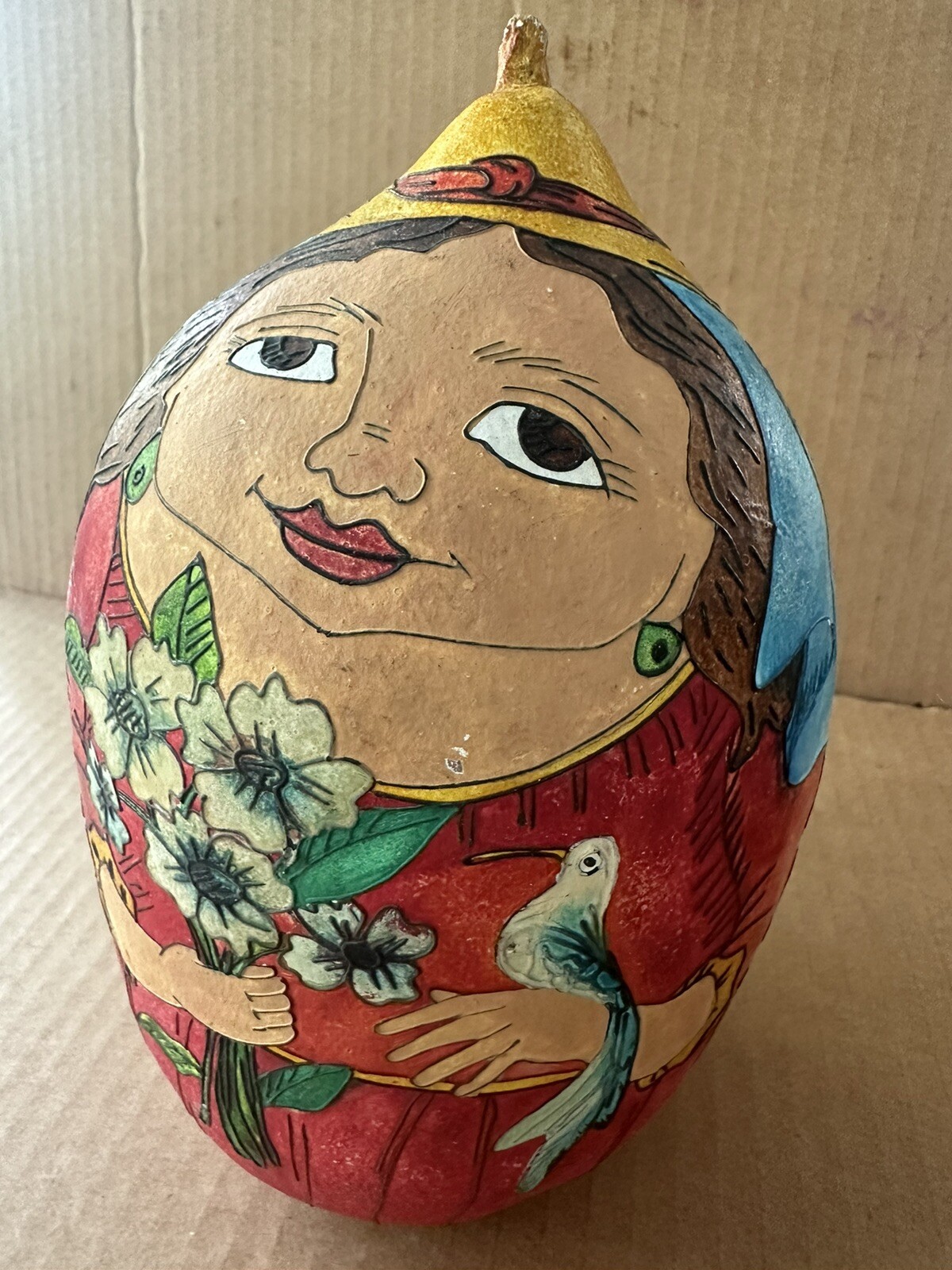 Hand Painted Latin American Calabash Gourd Folk Art Figurine TARRALI