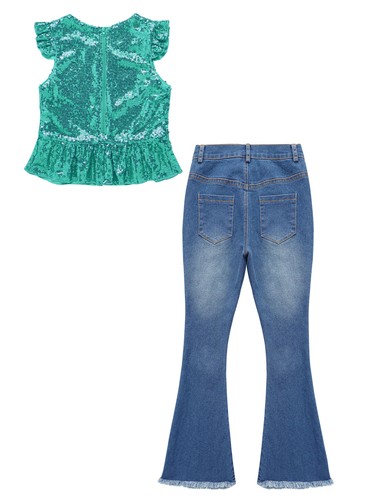Girls 2Piece Sparkly Sequins Crop Top with Ripped Flared Jeans Pants Outfit - Picture 24 of 57