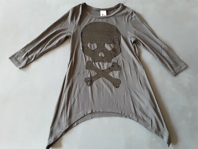 C&A Mädchen Shirt 122 128 TOP Tunika Zipfel Totenkopf Punk Gothic Glitzer Herz
