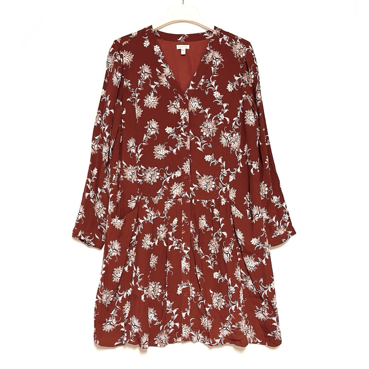 Garnet Hill Floral Babydoll Dress Womens 10 Button Up Drop Waist Boho Flowy  Rust