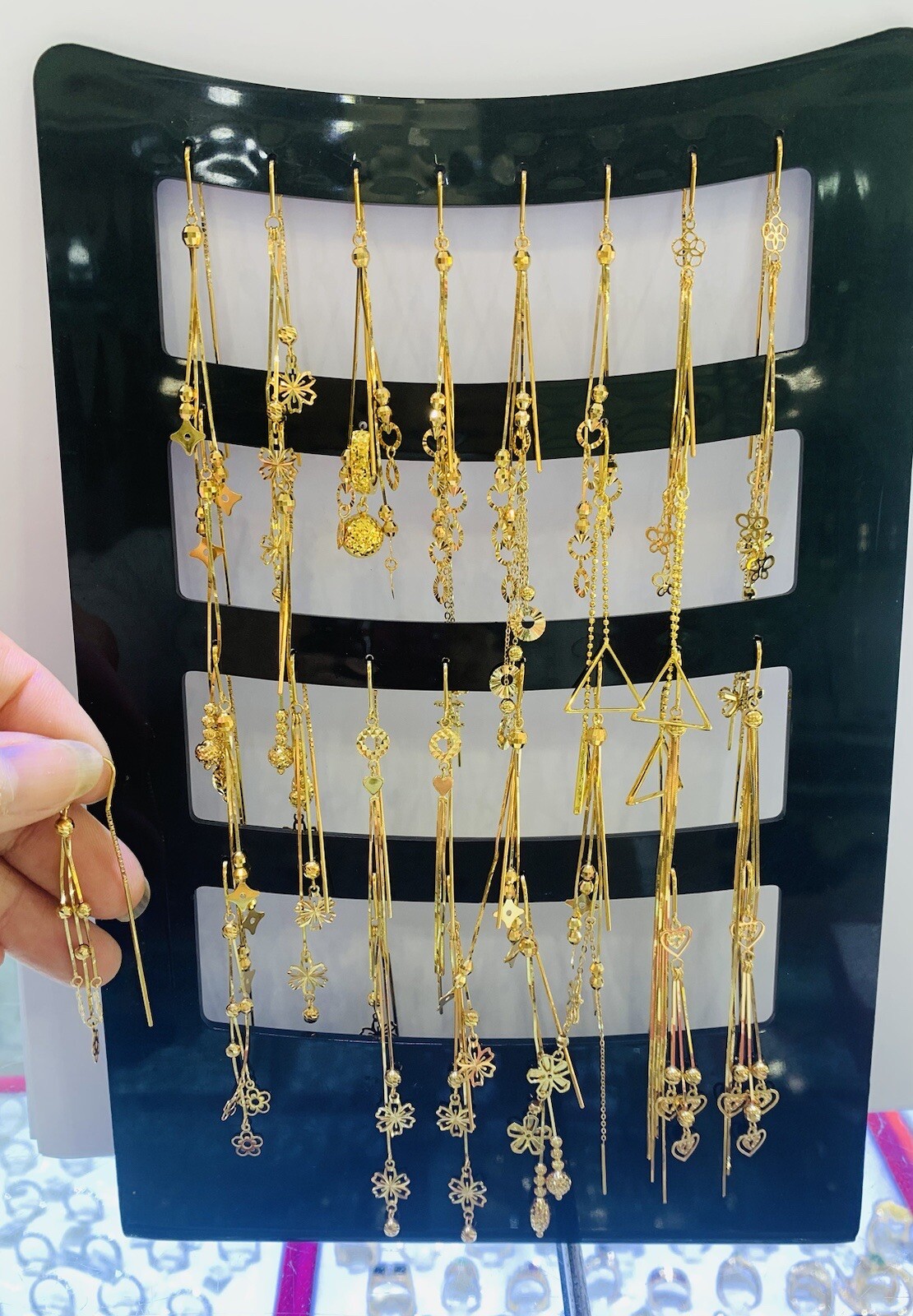 18K Solid Yellow Gold Dangle Hoop Back Earrings 2… - image 8