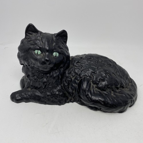 Vintage Mid Century Lounging Black Cat Doorstopper Hubley Style Heavy Cast Iron