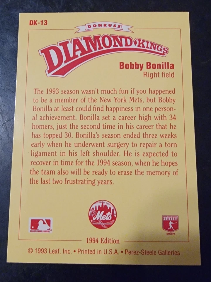 1993 Donruss Baseball Diamond Kings #DK13 Bobby Bonilla  - Image 2 of 2