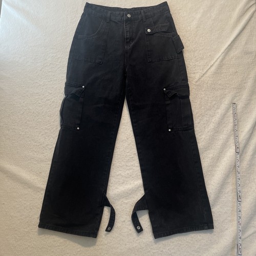 Women's Black Cargo Pants Jeans Denim Baggy 32x28 Straps Snaps Punk
