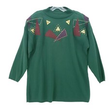 GANTOS Vintage Green Sweater Embellished Studded Geometric Shoulder Pads Sz 12