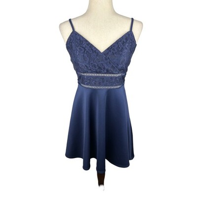 Francesca's Blue Rain Anita Lace Ladder Trim Flare Mini Prom Dress Navy Size M