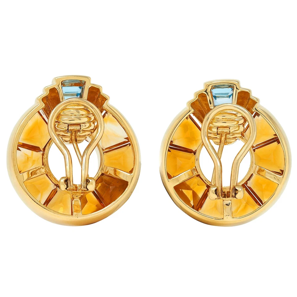 Pendientes de disco geométrico vintage de oro de 18 quilates con topacio citrino de 14,60 CTW de la década de 1980 Foto 4 de 4