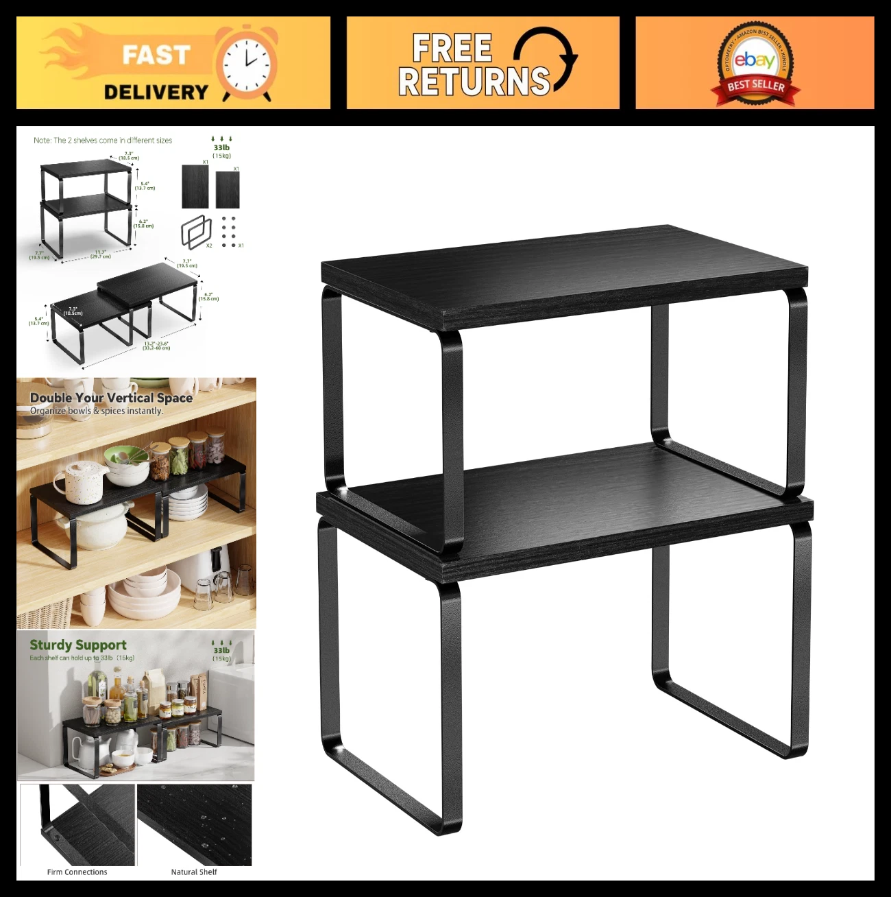 Stackable Kitchen Organizer Shelves Set of 2 - Expandable Spice Rack Storage, Me
