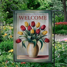 Welcome Garden Flag Tulip Flower Bouquet Vase Yard Decor Outdoor Banner Vertical