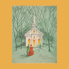 Christmas Card Vintage Victorian Couple Church Winter Green Scene Holiday