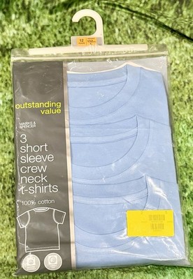 Marks & Spencer 3 Short Sleeve Blue Crew Neck T-Shirts Kid 12 Yr Ht. 5 Ft