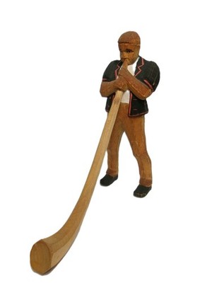 Vintage Hand Carved Wood Swiss Herdsman w/ Alphorn 5 ½  Figure, Folk Art - - (A)