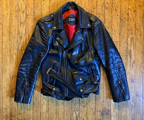 Straight To Hell Men's Black Leather Biker Jacket Size 38 Slim Fit Pockets - product listing photo