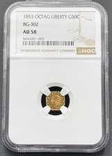 1853 California Gold $.50c BG 302 Octagonal Liberty Head, NGC AU 58, "Peacock"