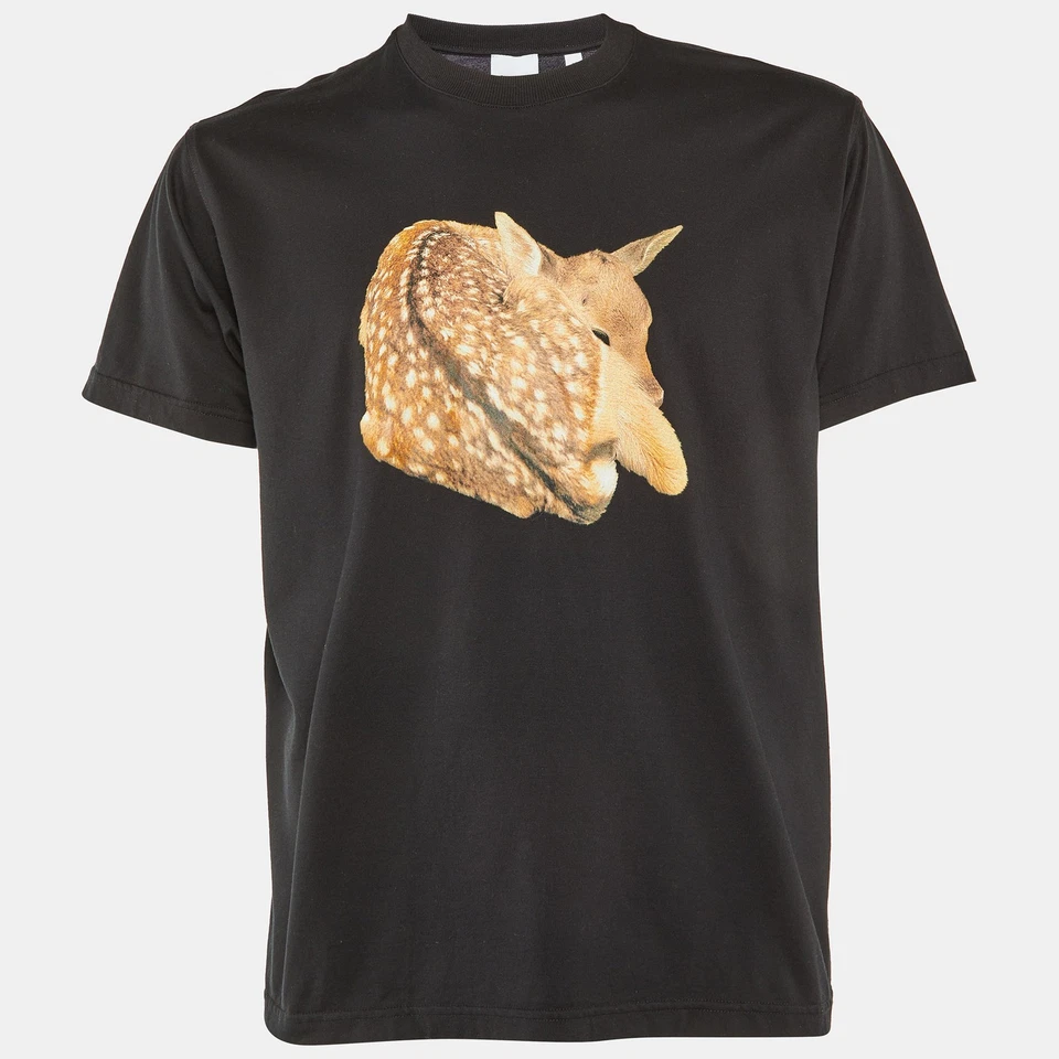 Camiseta Burberry London Negra Estampado Animal Algodón Cuello Redondo XS