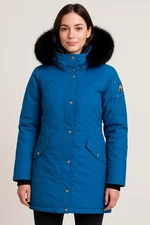 Moose Knuckles Womens XL Fitted Jacket Parka Blue Dyed Fox Fur Luxury Canada