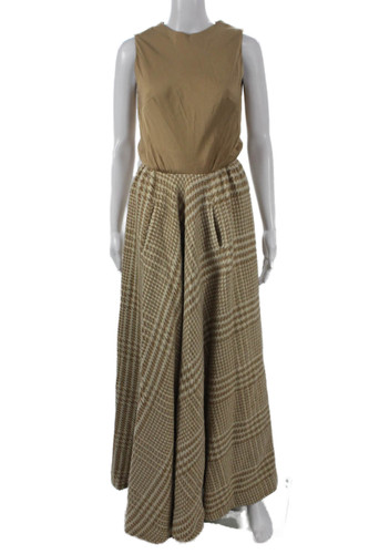 Norman Norell Women Maxi Houndstooth Sleeveless Round Neck Dress Beige Size S
