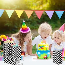 16 Pcs Checkered Racing Treat Bags Race Car Party Favors with Handles Black a...