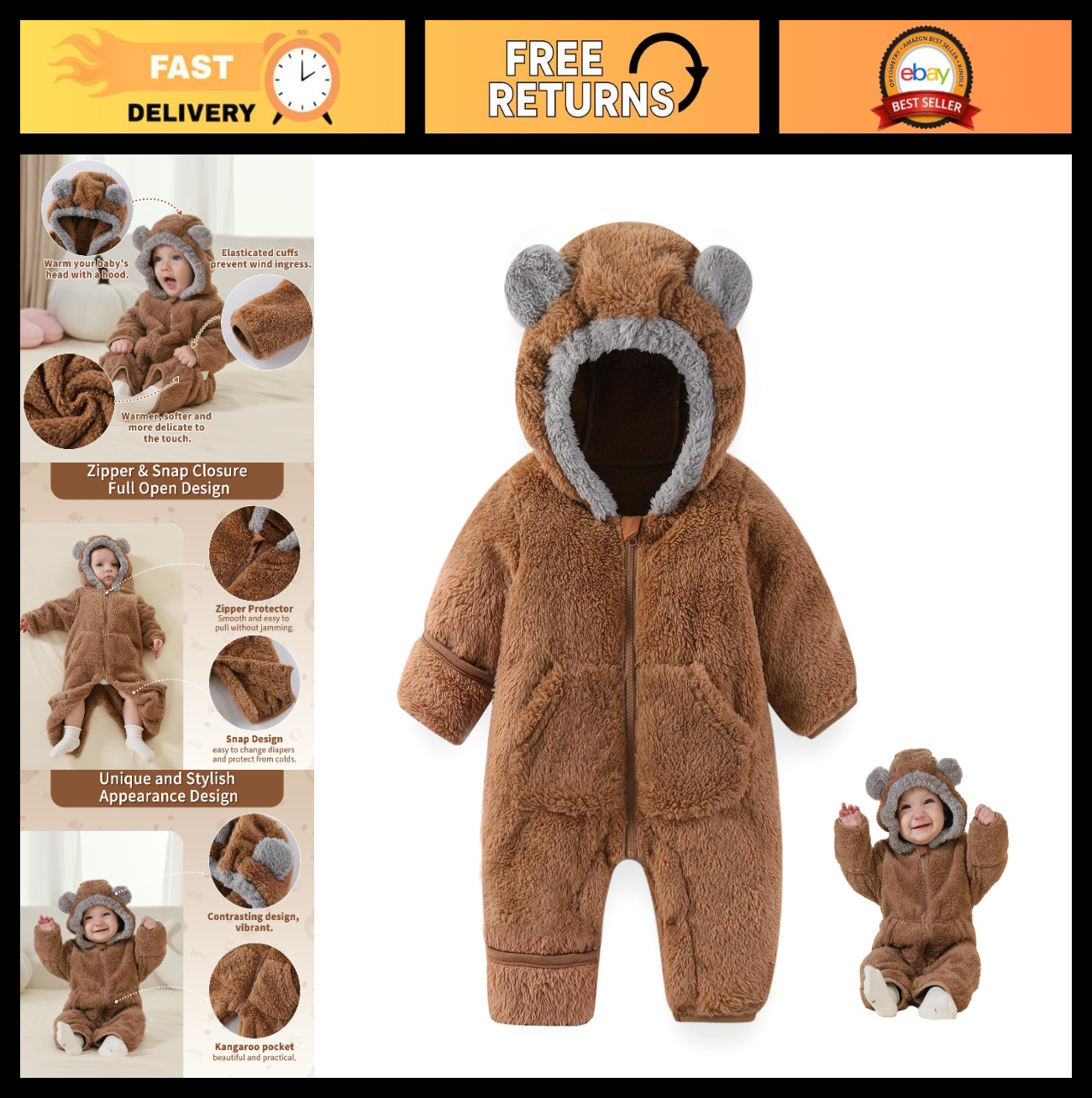 Newborn Baby Bear Fleece Outfit with Mittens & Hooded Romper - Winter Snowsuit f