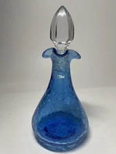 Vintage Blue Crackle Glass Cruet Decanter w/Stopper Hand Blown Art Glass 6"