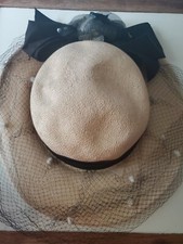 Whittall  Javits Straw Hat with Black flowers veil Vintage Easter Derby Church