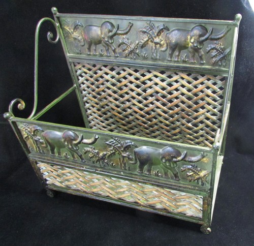 Wrought Iron Metal Woven Wicker Rattan ELEPHANTS PALM TREES MAGAZINE RACK Holder - Picture 14 of 24