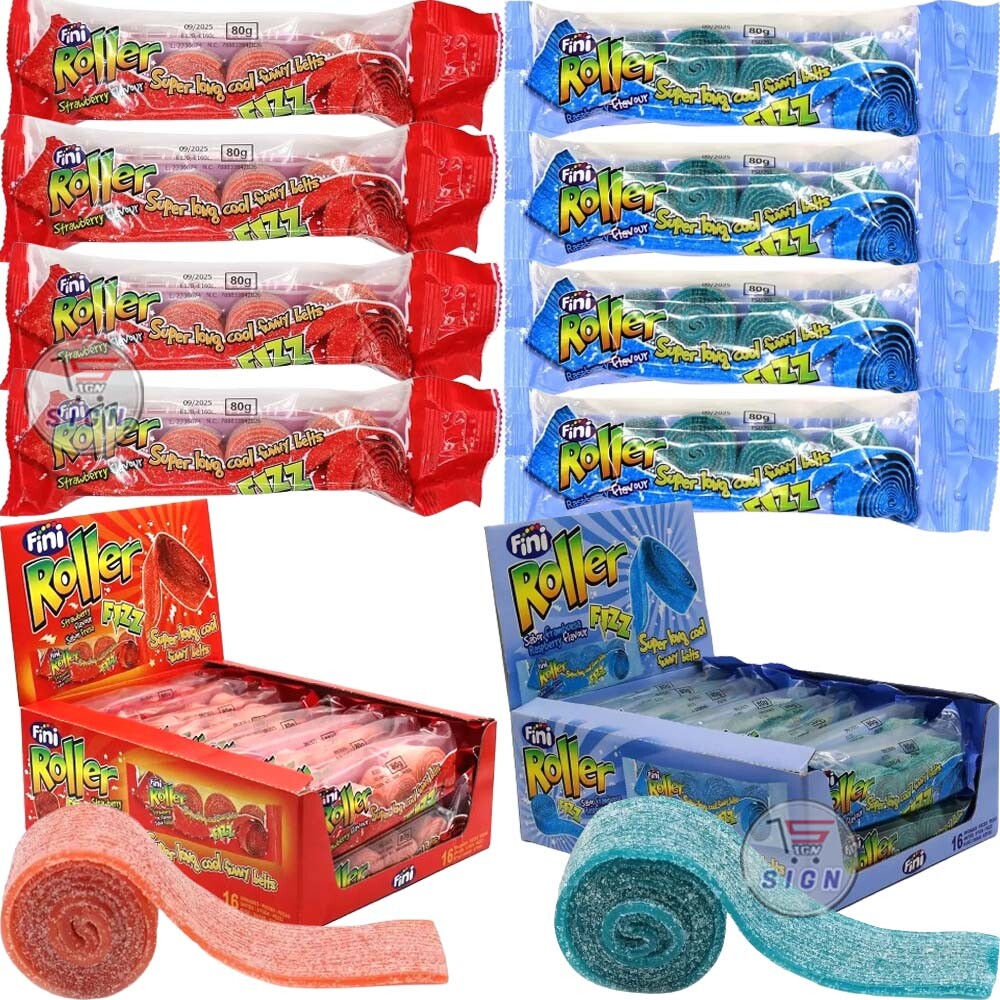 Fini Raspberry Roller Fini Fizzy Rollers 4 Pack Sour Strawberry & Raspberry Belt Candy 80g ...